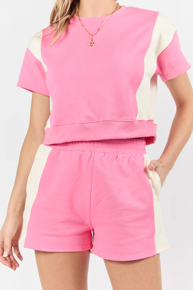 Make Or Break Pink and Ivory Contrast French Terry Shorts