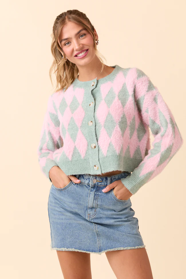 Long Sleeve Pink and Mint Argyle Cardigan