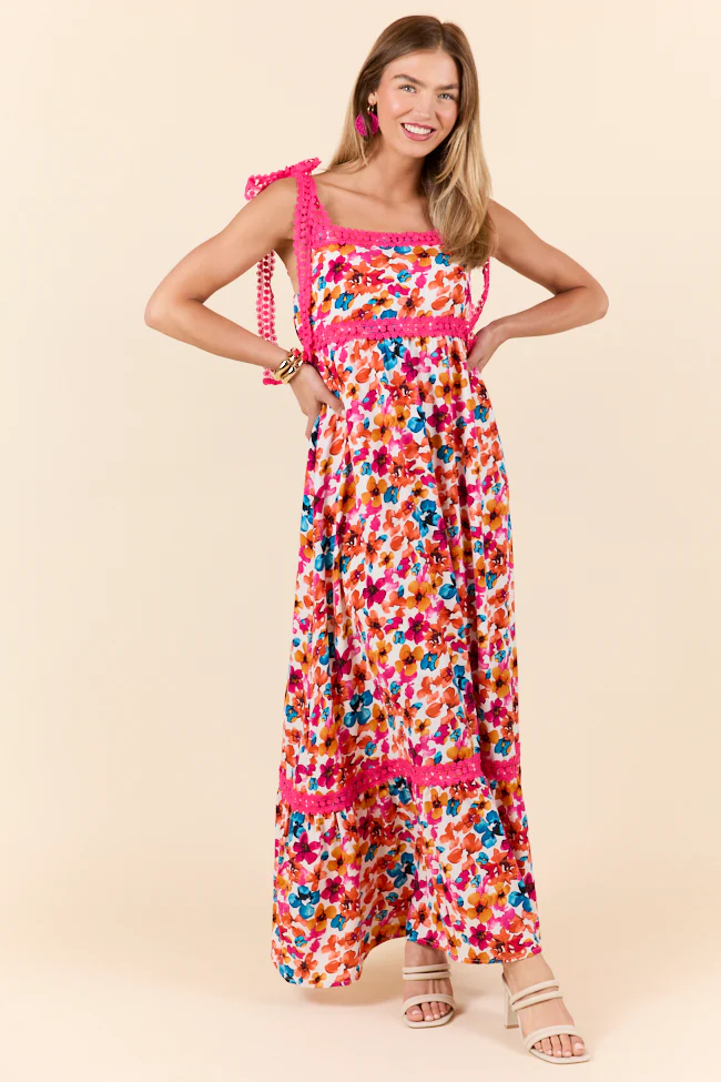 Pink Trim Floral Maxi Dress
