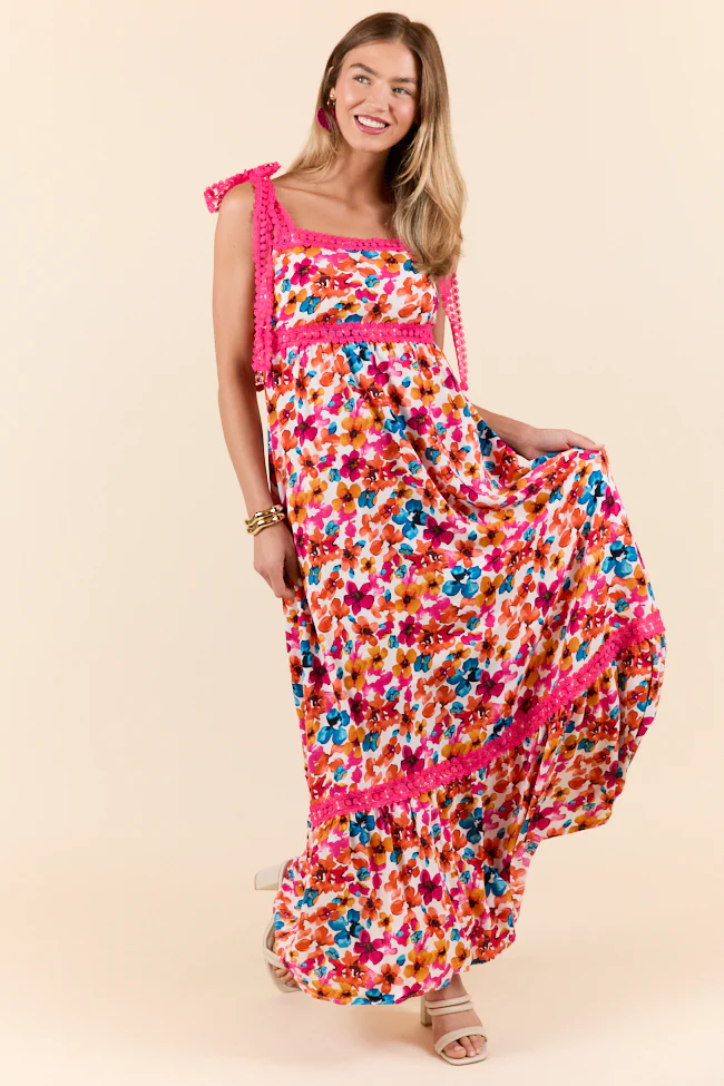 Pink Trim Floral Maxi Dress